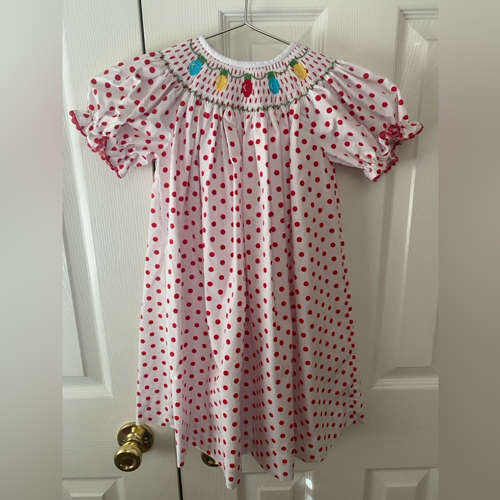 southern Sunshine Red/White Polka Dot Embroidered Lights Smocked Bishop‎ Dress 3